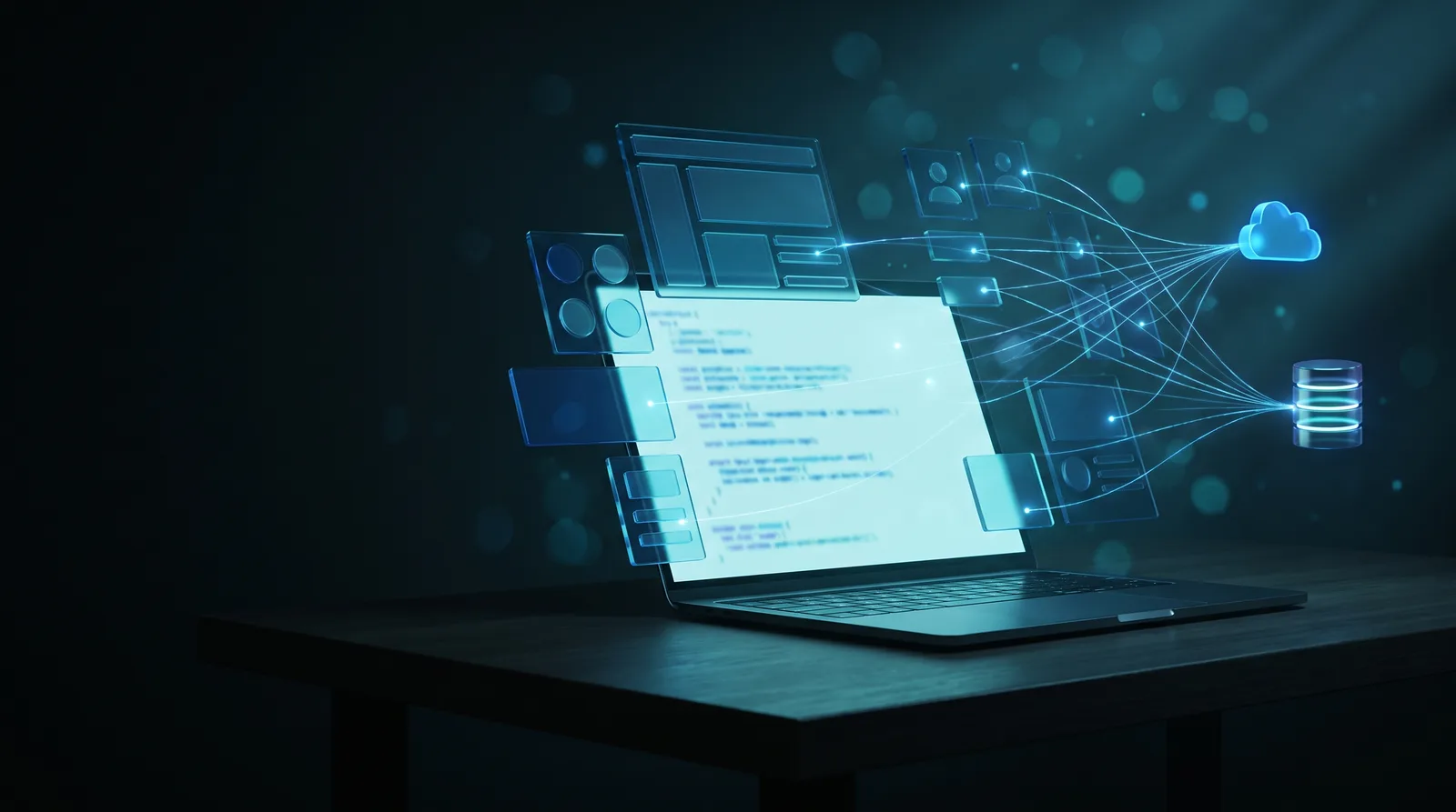 Laptop világító kódterminállal és lebegő weboldal-panelekkel
