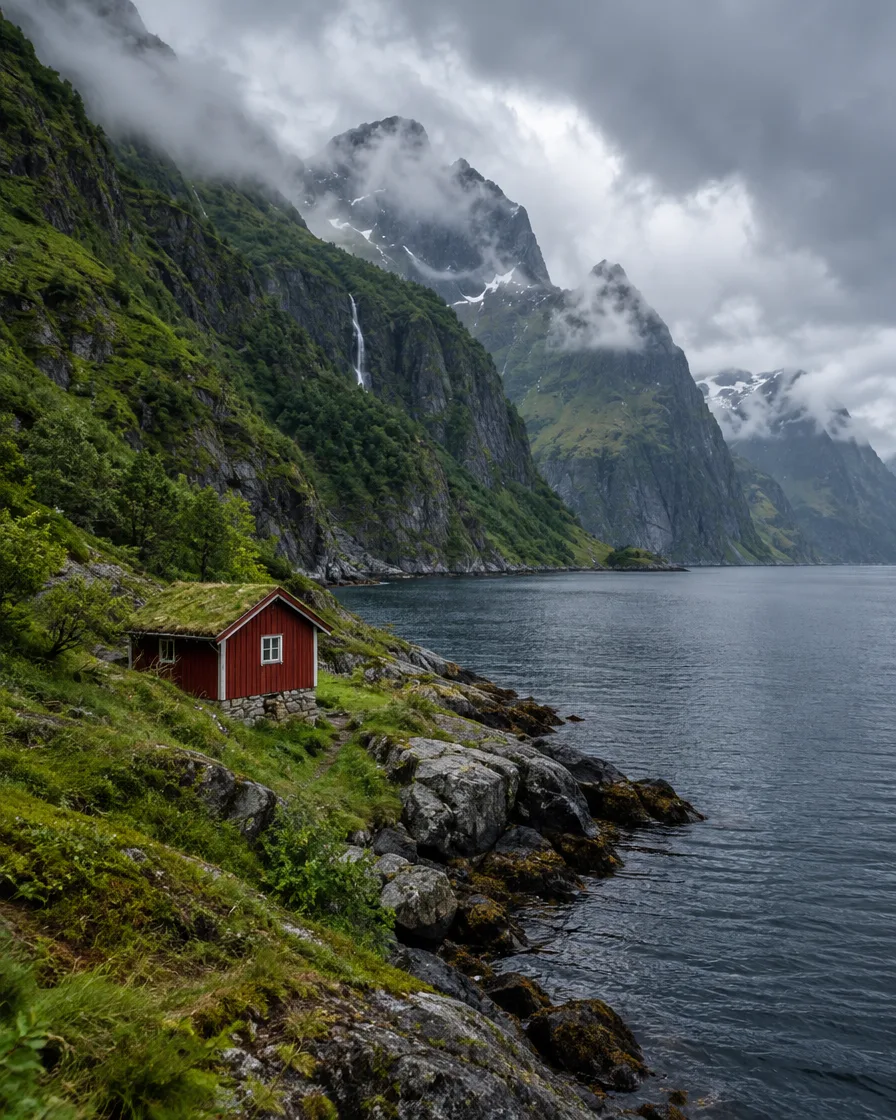 Meredek zöld sziklafalak fjord partján, a víz mellett kis piros faház