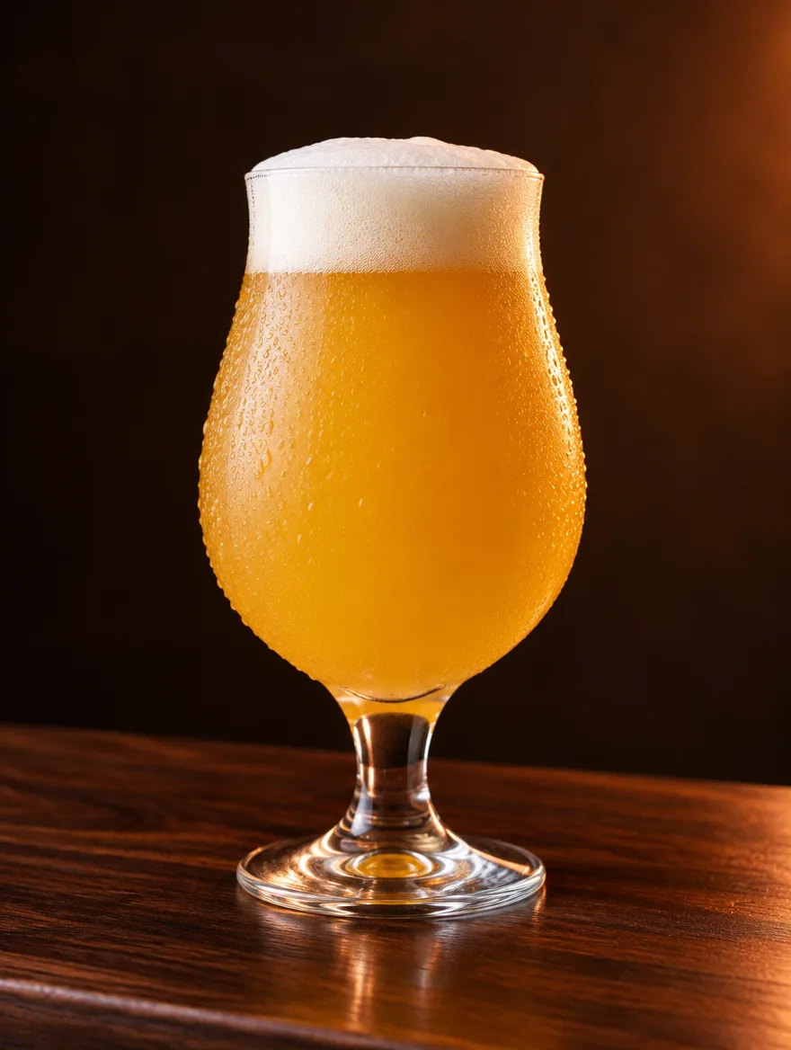 Tulipán pohárban szűretlen, aranysárga IPA sűrű fehér habbal, sötét fa pulton
