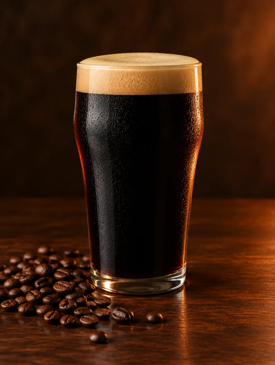 Pint pohárban fekete stout krémes barna habbal, mellette pörkölt kávébabok