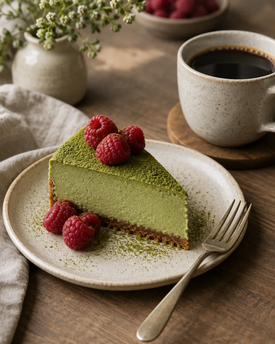 Matchás sajttorta-szelet málnával és egy csésze filterkávé