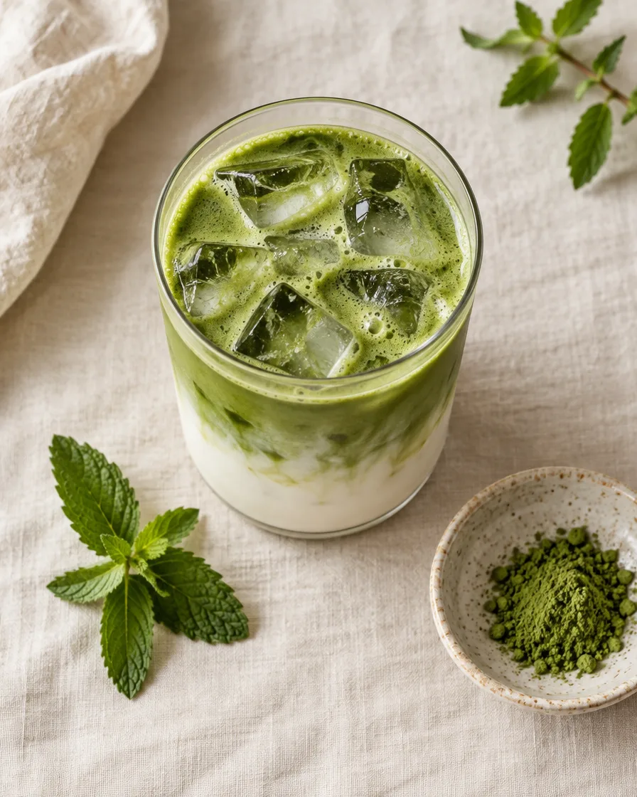 Jeges matcha latte üvegpohárban, krémszínű vászonterítőn