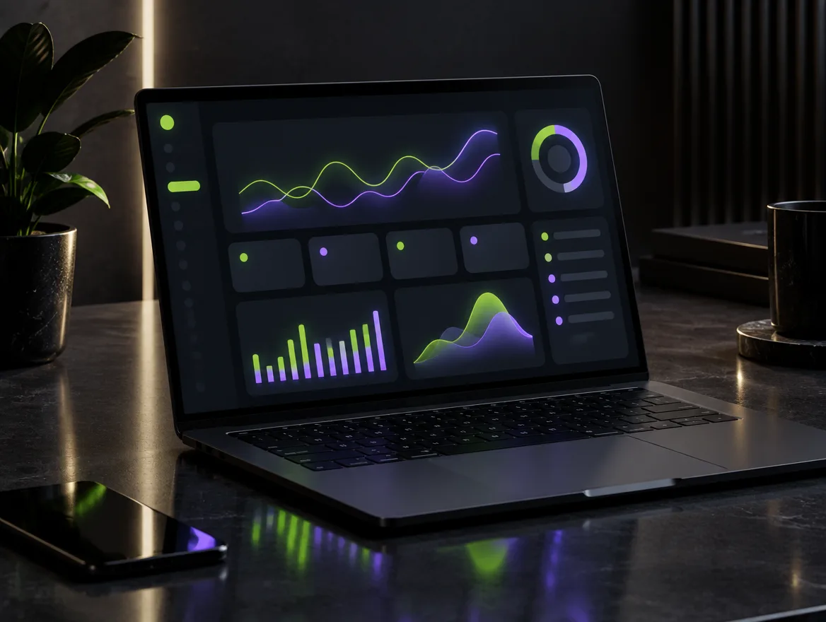 Sötét dashboard felület laptopon, zöld és lila grafikonvonalakkal