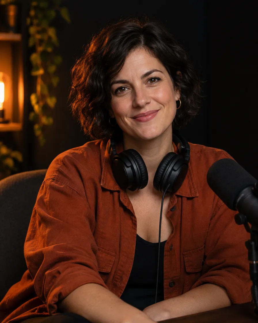 Kertész Dóra, a podcast házigazdája, fejhallgatóval a nyakában a stúdióban