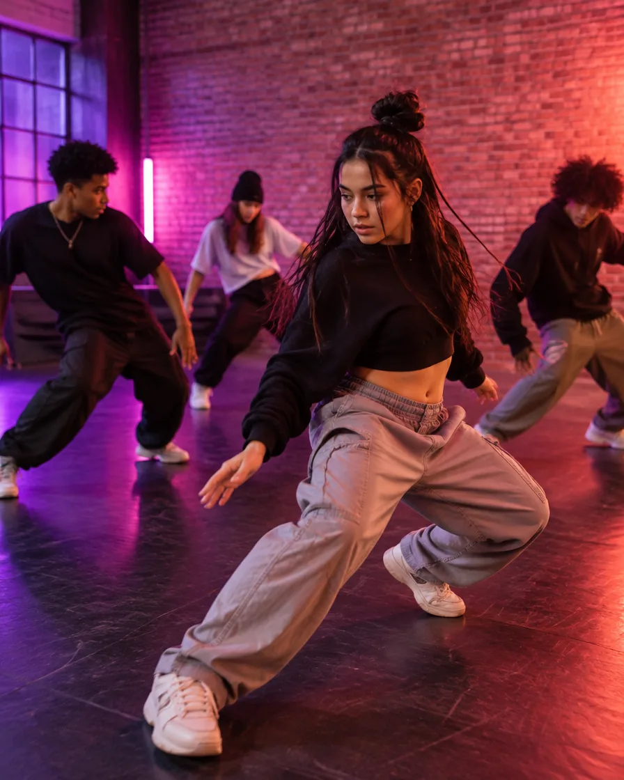Fiatal hip-hop táncosok gyakorolnak egy téglafalas, rózsaszín fényű teremben