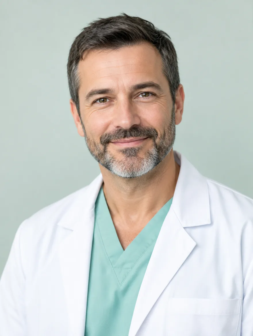 Dr. Varga Bence portréja fehér orvosi köpenyben