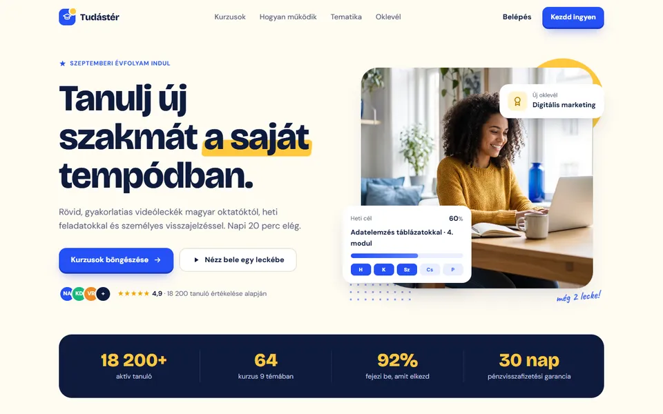 Tudástér – online kurzusplatform – előnézet