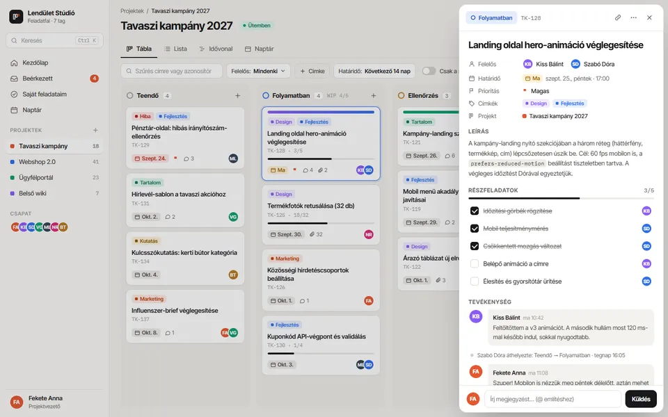 Feladatfal – projektmenedzsment kanban webapp – előnézet