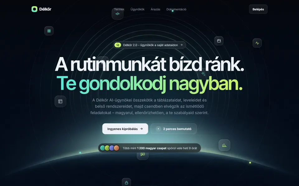 Glass Orbit – sötét AI hero keringő ikonokkal – előnézet