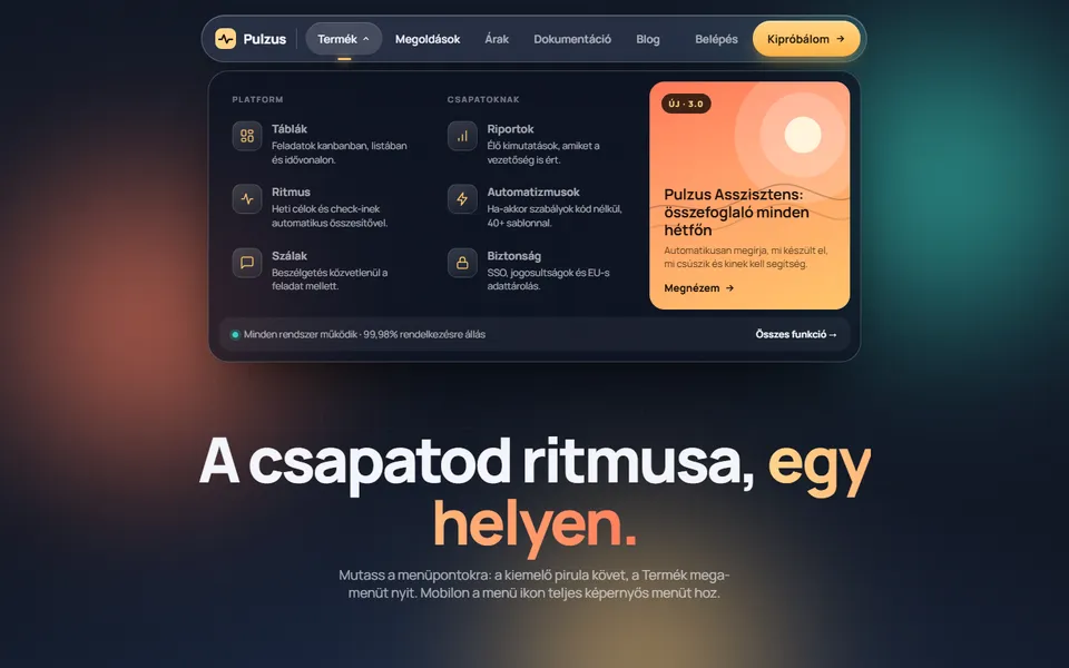 Üveg pirula navigáció mega-menüvel – előnézet