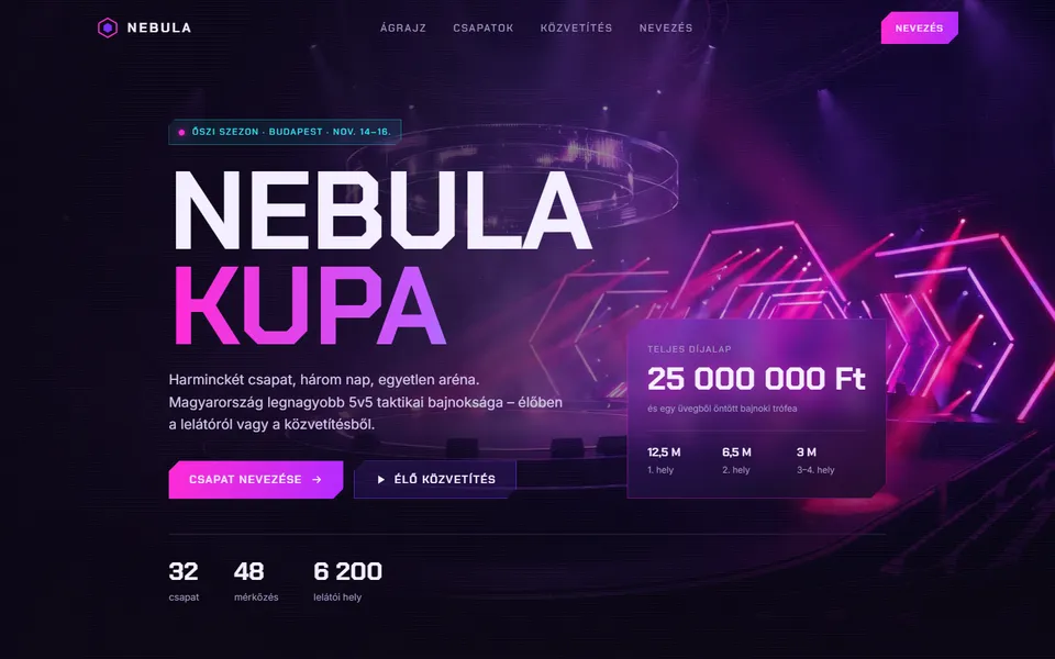 Nebula Kupa – esport bajnokság landing – előnézet
