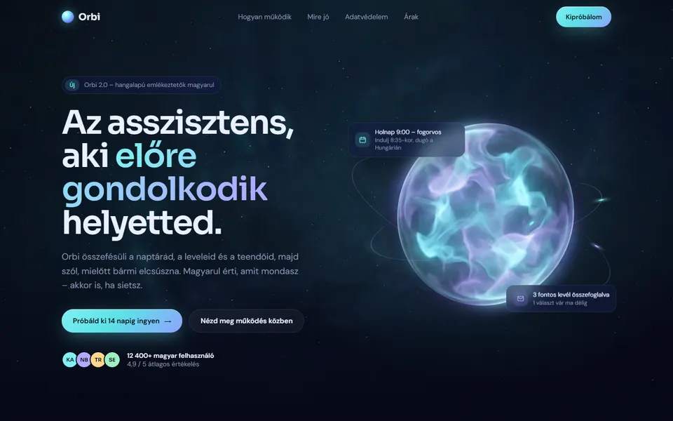 Orbi – AI személyi asszisztens landing – előnézet