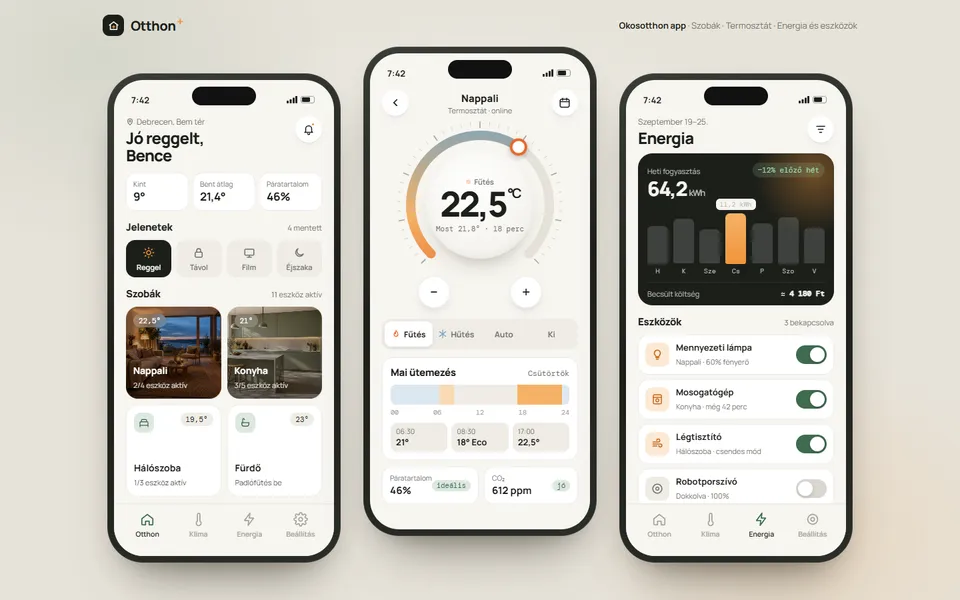Otthon+ – okosotthon-vezérlő app – előnézet