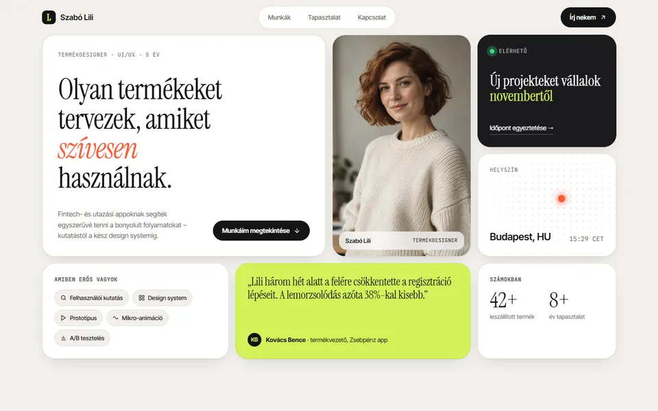 Pixel – termékdesigner bento portfólió – előnézet