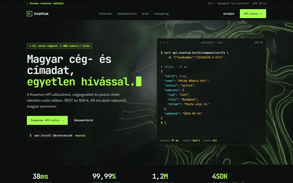Kvantum API – fejlesztői termékoldal – előnézet