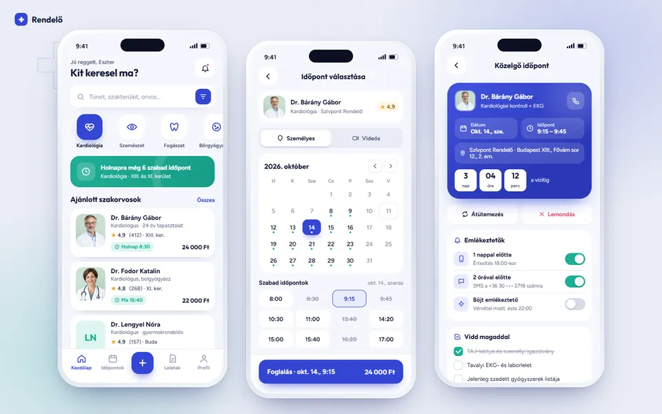Rendelő – orvosi időpontfoglaló app – előnézet