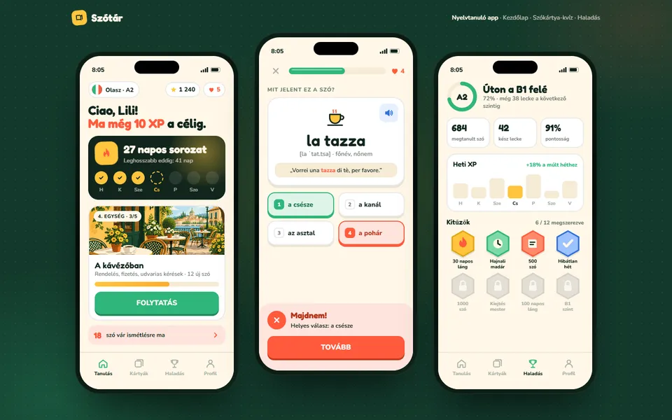 Szótár – nyelvtanuló mobilapp – előnézet