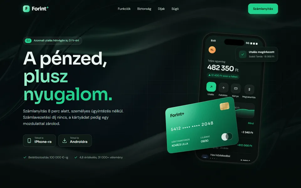 Forint+ – mobilbank app landing – előnézet