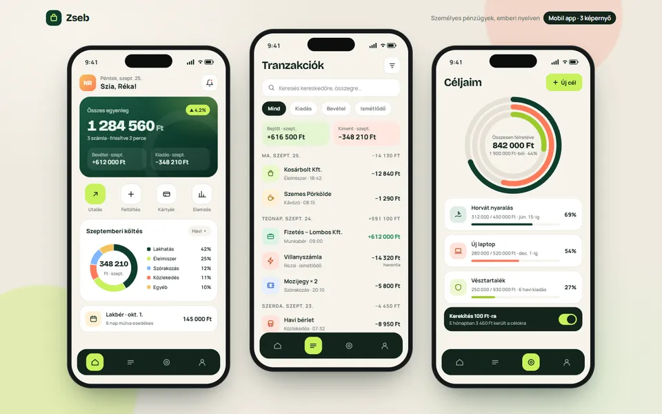 Zseb – személyes pénzügyi app – előnézet